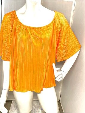 Bright Orange Plisse’ Pleated Flutter Sleeve Top OS NWOT